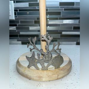 White Washed Acacia Seashell Paper Towel Holder